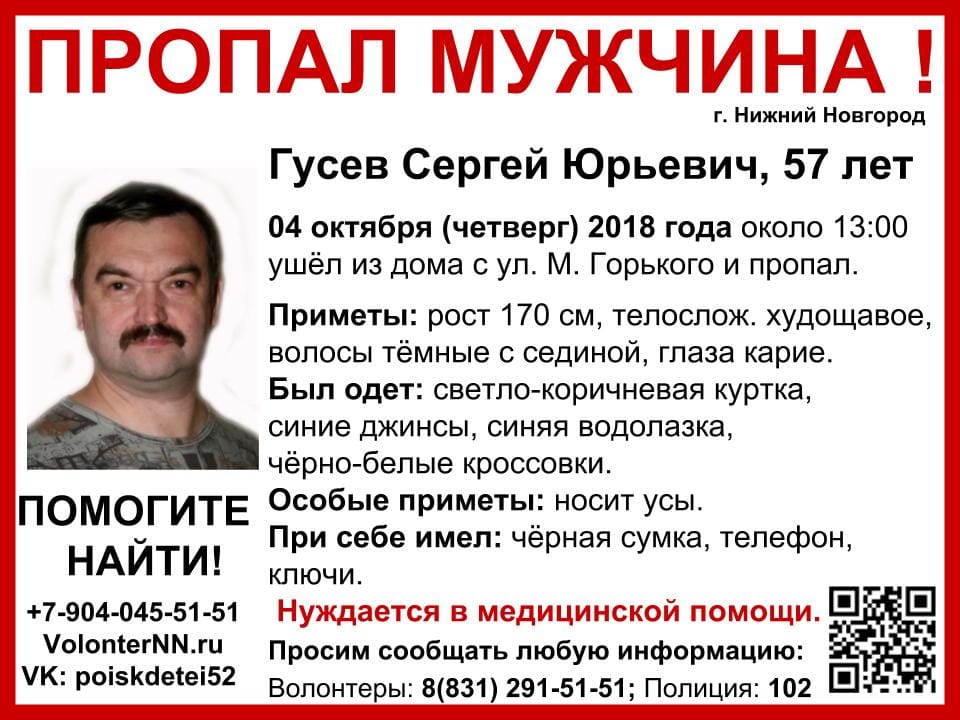 Нуждается в медицинской помощи. 57-летний мужчина пропал в Нижнем Новгороде