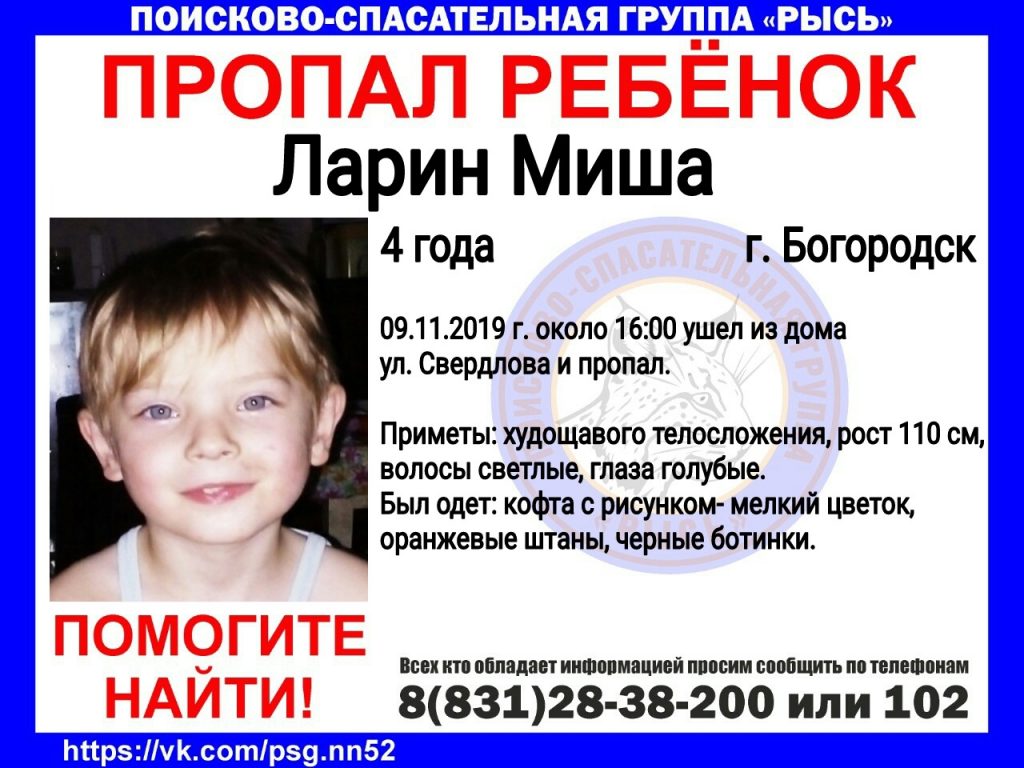 4‑летний Миша Ларин пропал в Богородске: волонтёры объявили сбор на поиск