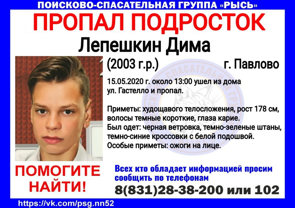 17-летний Дима Лепешкин пропал в Павлово