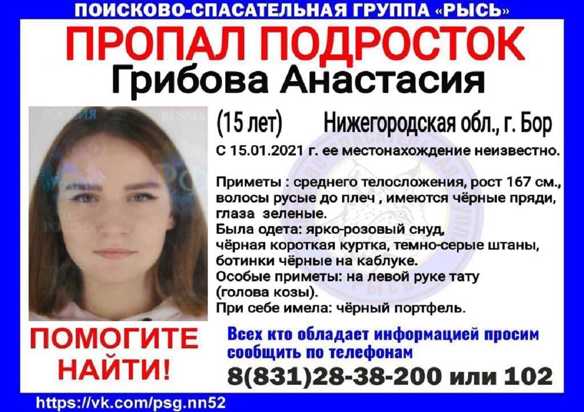 15-летняя Анастасия Грибова пропала на Бору