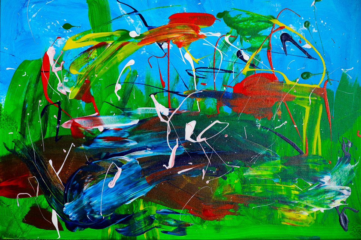 «Лес, болото, лягушки». Абстракция. Арефьев Влад, 6 лет. Диагноз – РАС (расстройства аутистического спектра). «Лес, болото, лягушки. Именно так назвал свое произведение автор. Кому-то может показаться, что на картине изображен луг с цветами или аквариум с рыбками. Каждый увидит «своё». Техники использовались разнообразные: рисовал губками, кистью, лил из баночек краски». Мама Алёна.