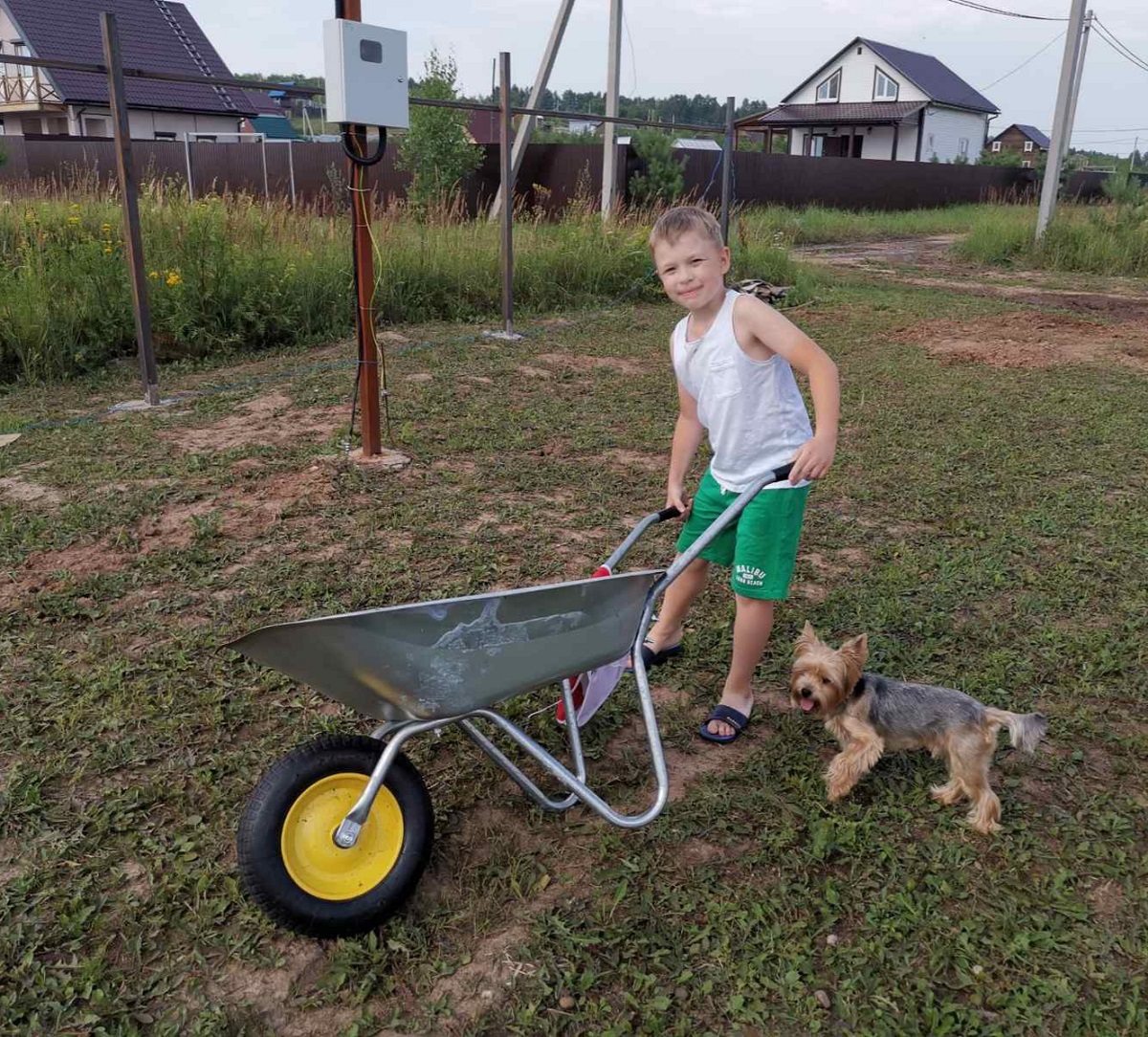 Восьмилетний Арсений помогает родителям на даче, а пес Кекс создаёт всем настроение