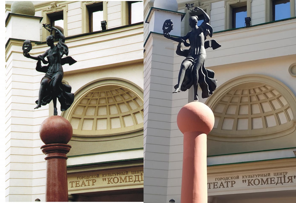 Обновленной колонне с музой Талией около театра «Комедiя» могут вернуть исторический облик