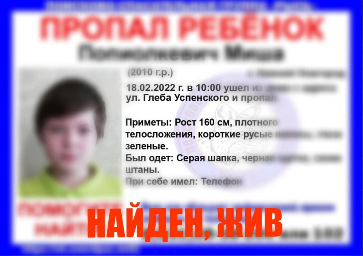 Завершены поиски 11-летнего ребенка в Нижнем Новгороде