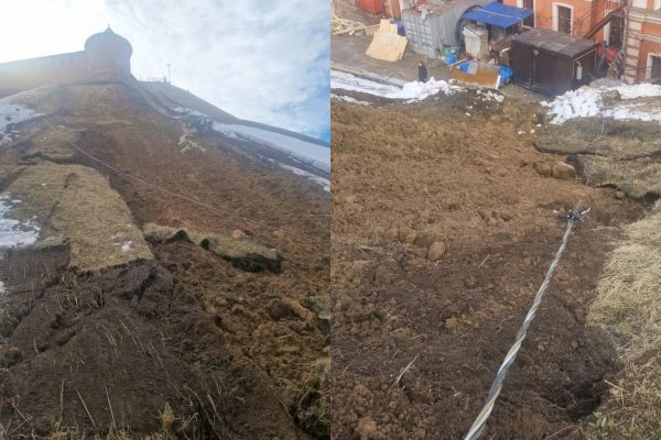 Верхний слой грунта сошел на склоне у Северной башни Нижегородского кремля