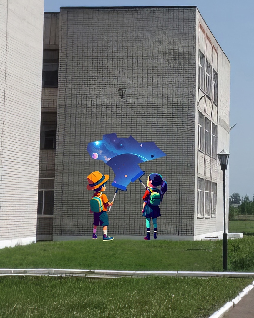 Планировалось в рамках проекта запечатлеть детей, рисующих космос на фасаде школы в селе Вад