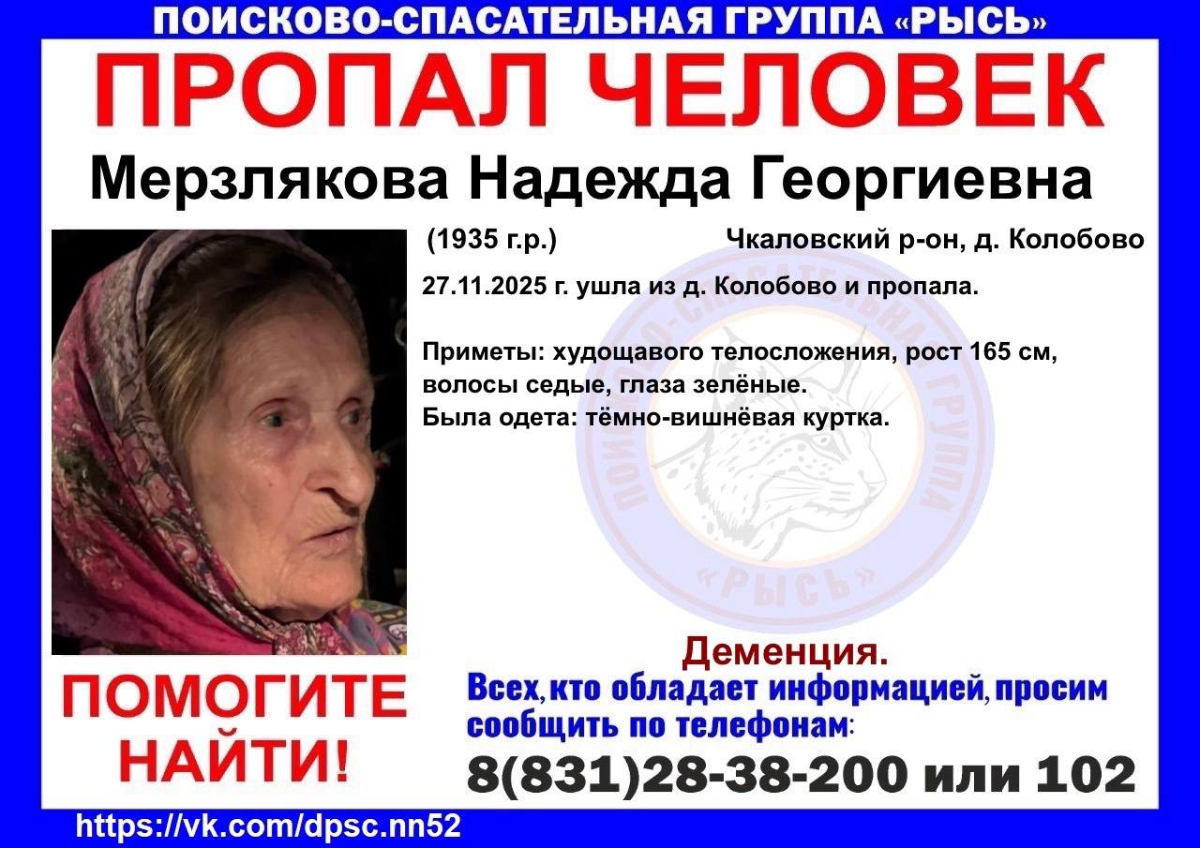 90-летняя пенсионерка с деменцией вышла из дома и пропала в районе Чкаловска